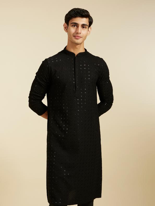 Diwas Men Midnight Black Chikankari Kurta with Sequin
