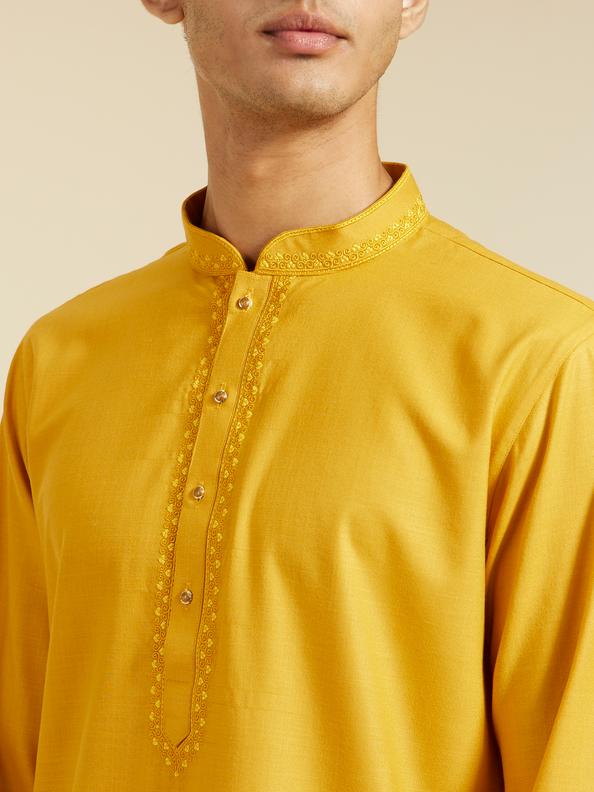 Diwas Men Mustard Yellow Plain Classic Kurta with Embroidered Neckline