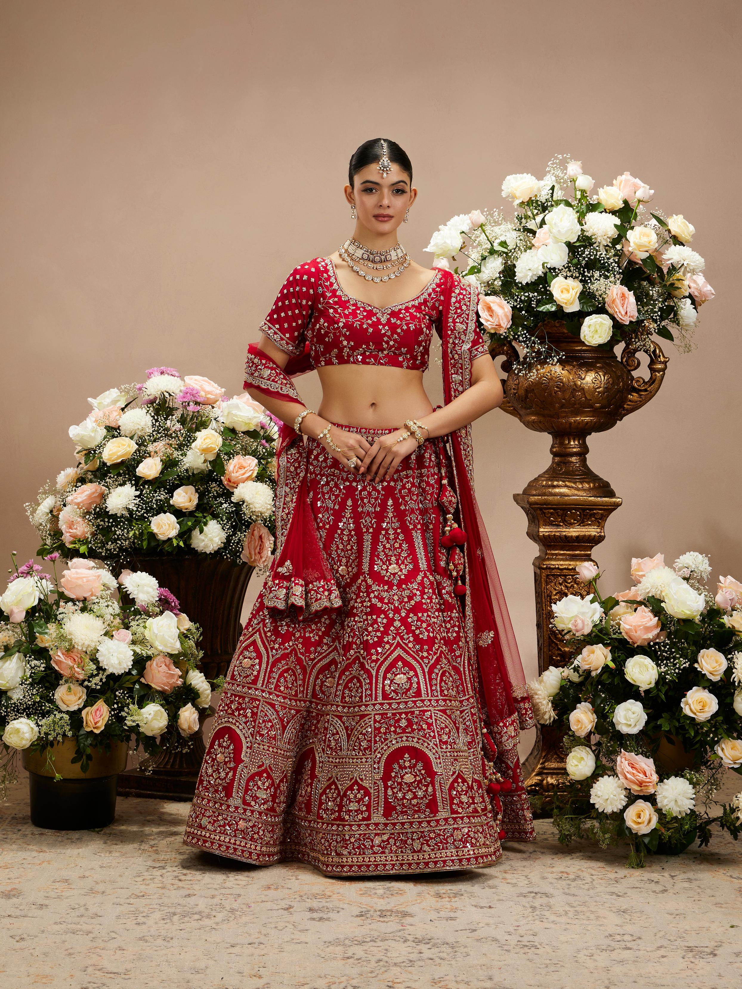 Twamev Women Scarlet Red Floral Embroidered Lehenga with Darbar Motifs
