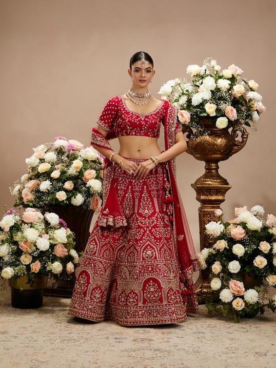 Twamev Women Scarlet Red Floral Embroidered Lehenga with Darbar Motifs