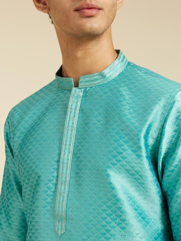 Diwas Men Aqua Green Lattice Patterned Kurta with Striped Placket