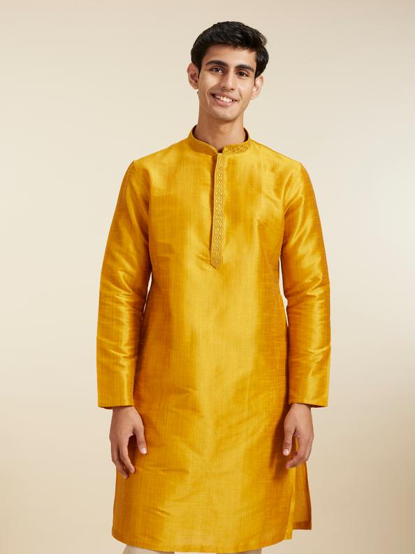 Diwas Men Mustard Yellow Self Textured Kurta with Embroidered Neckline