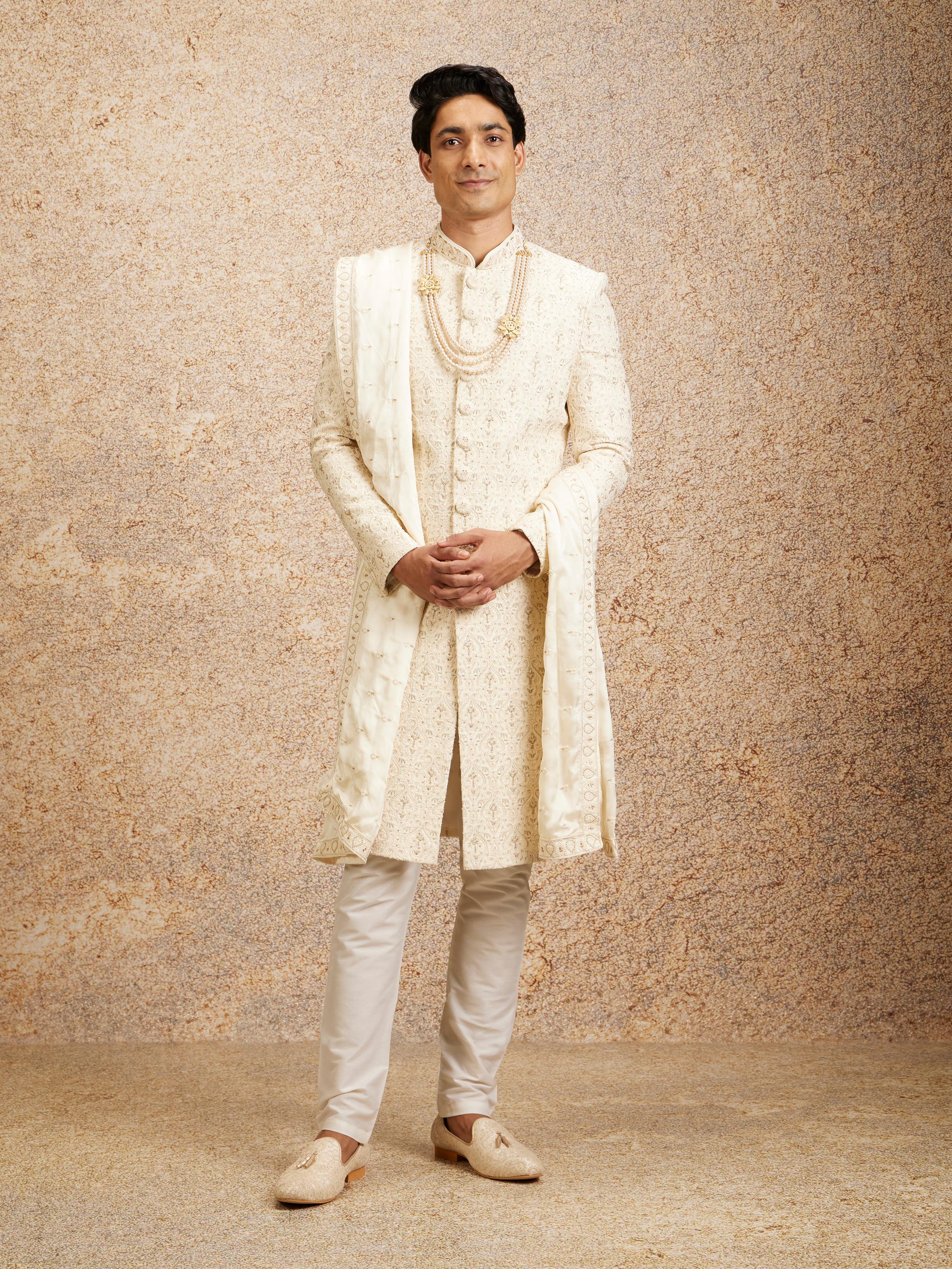 Twamev Men Cream Imperial Jaal Patterned Sherwani Set