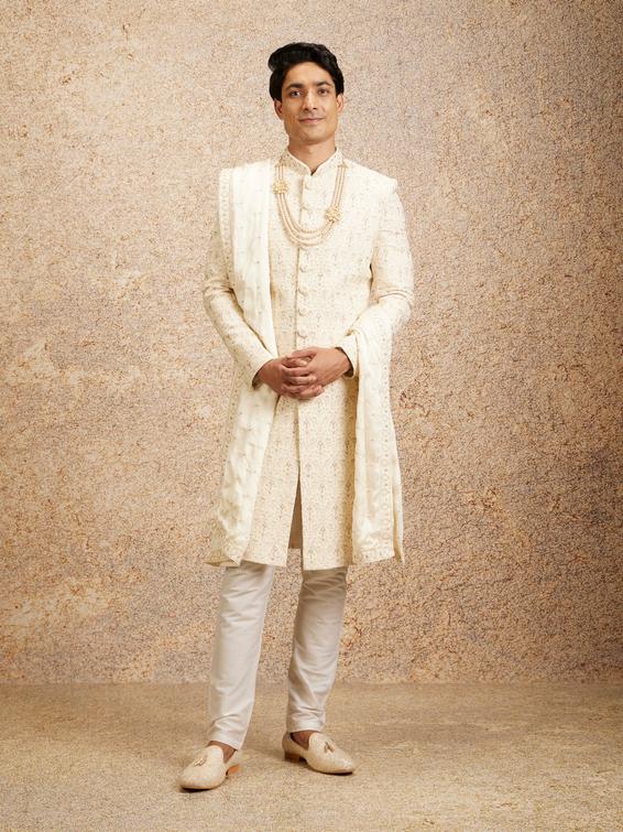 Twamev Men Cream Imperial Jaal Patterned Sherwani Set