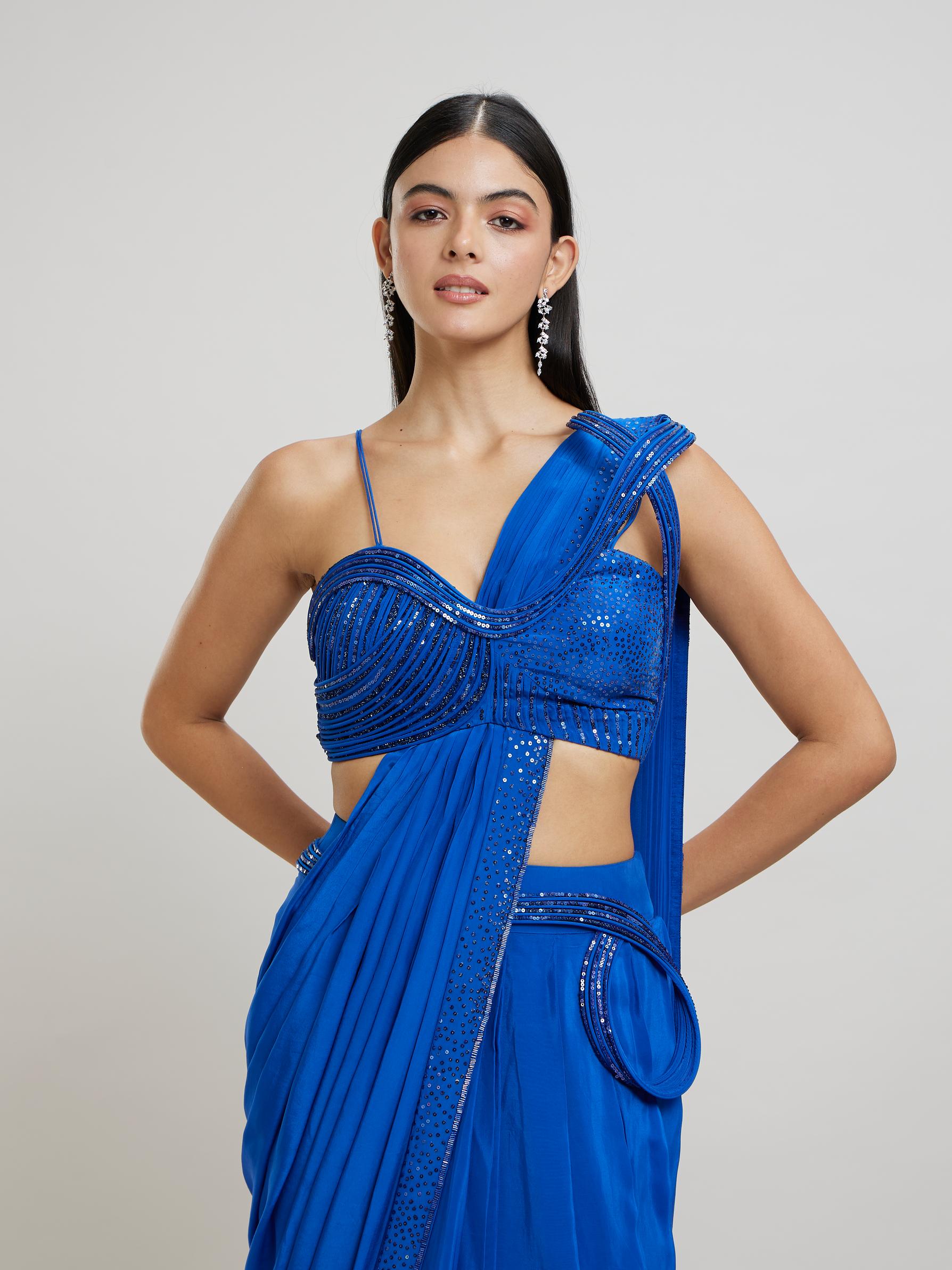 Twamev Women Enchanting Indigo Blue Satin Saree