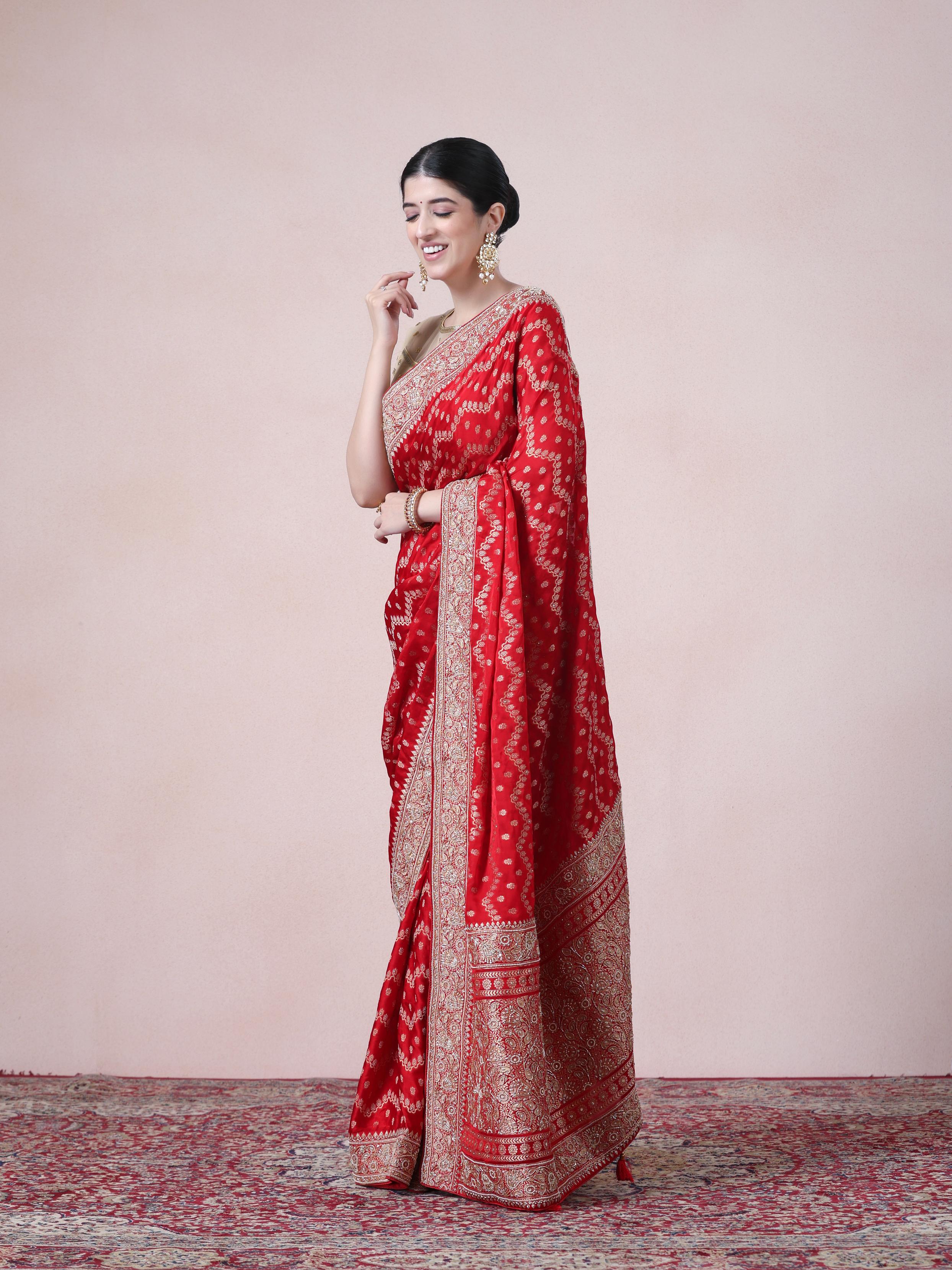 Twamev Women Regal Red Satin Saree
