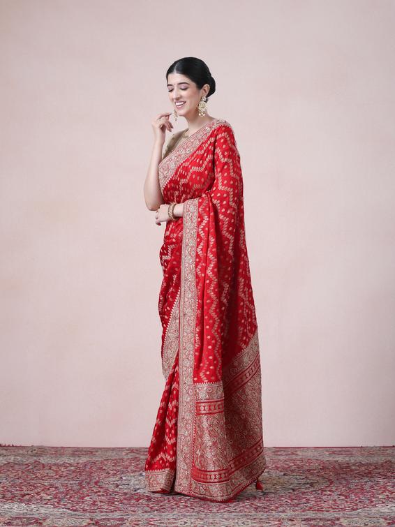 Twamev Women Regal Red Satin Saree