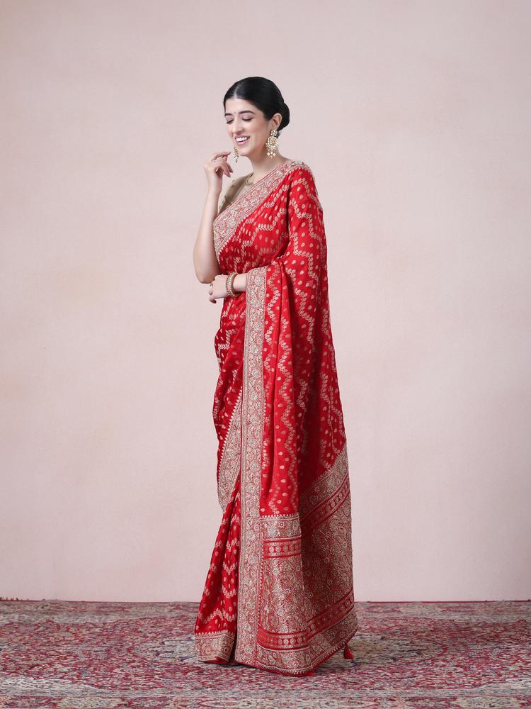 Twamev Women Regal Red Satin Saree