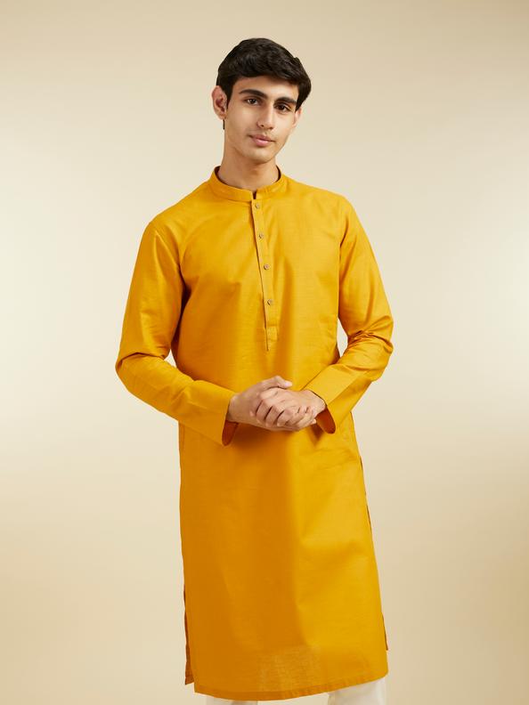 Diwas Men Mustard Yellow Plain Kurta With Embroidered Collar