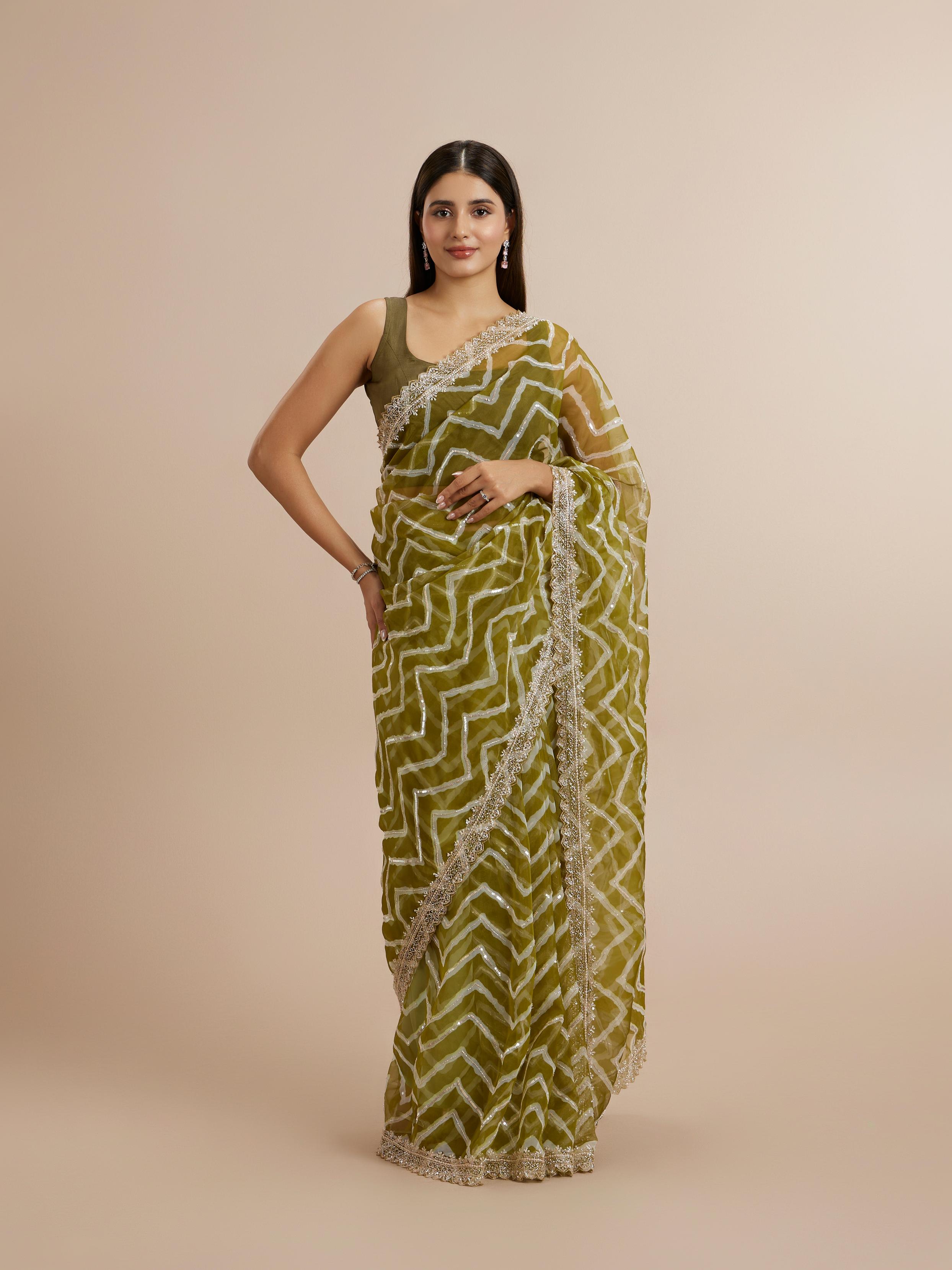 Twamev Women Emerald Organza Charm Saree