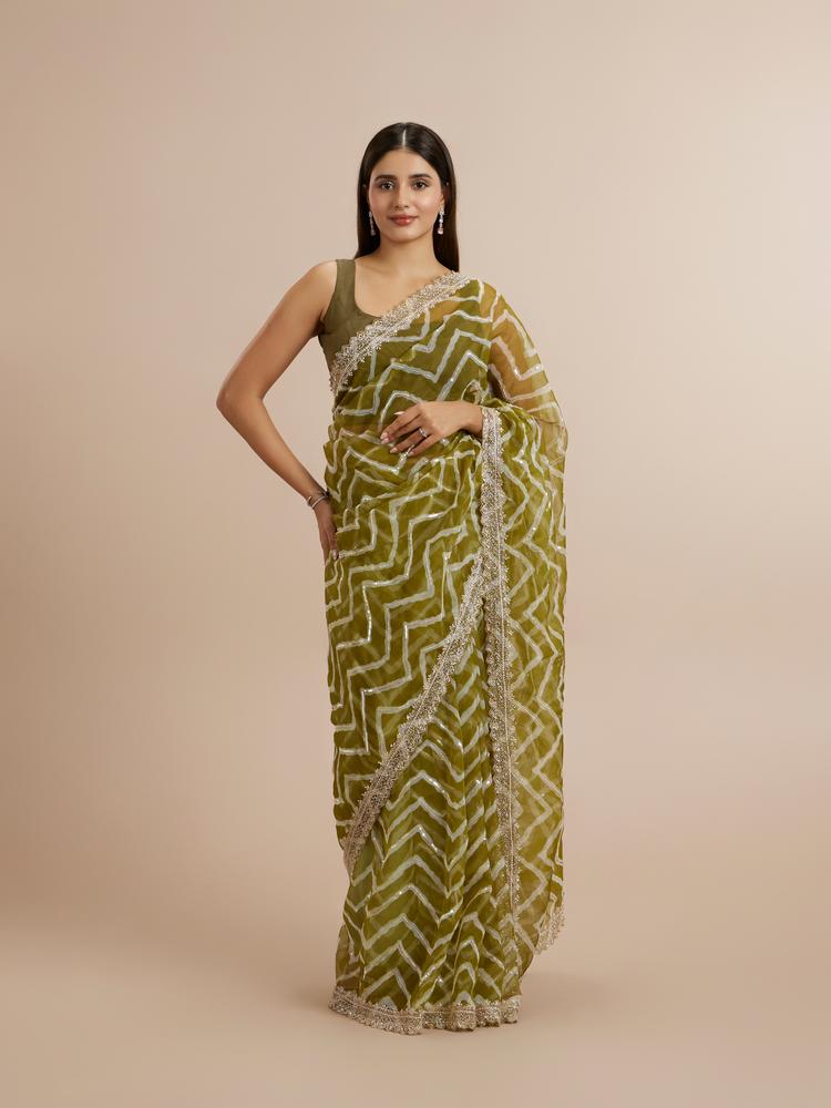 Twamev Women Emerald Organza Charm Saree