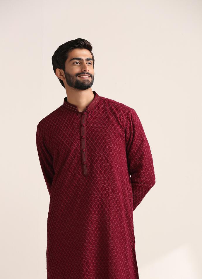 Twamev Men Minimalist Maroon Kurta Set