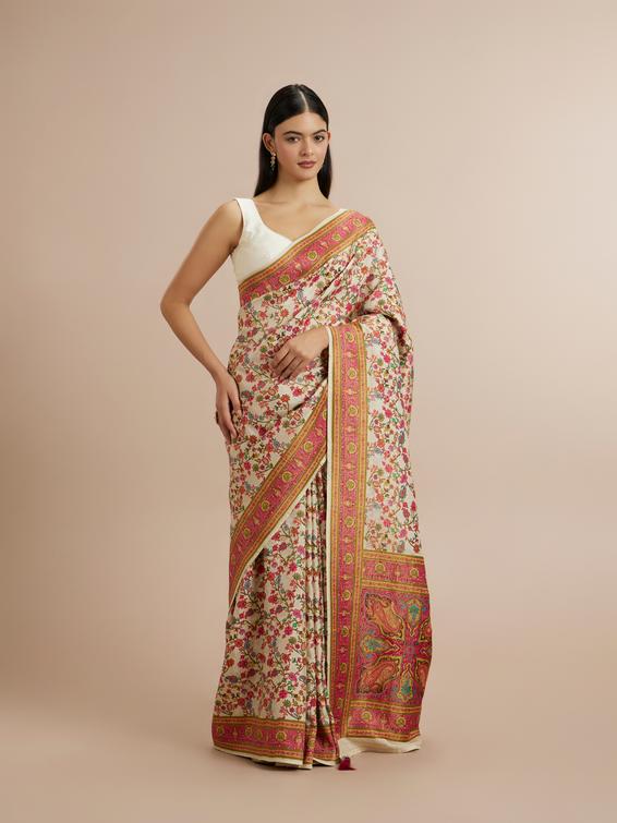 Twamev Women Enchanting Cream Saree with Unstitched Blouse