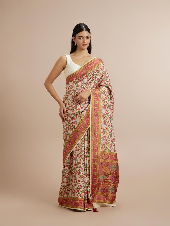 Twamev Women Enchanting Cream Saree with Unstitched Blouse