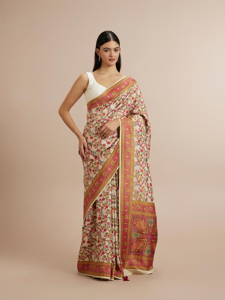 Twamev Women Enchanting Cream Saree with Unstitched Blouse
