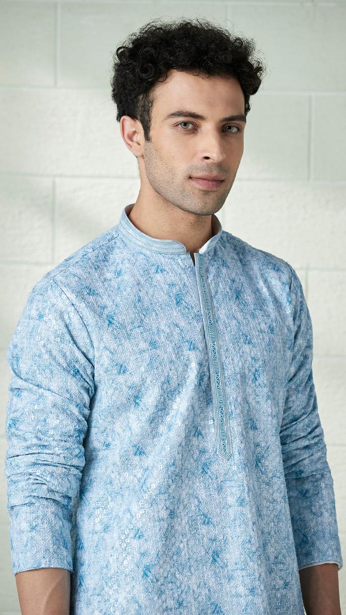 Twamev Men Sky Blue Printed Chikankari Kurta Set