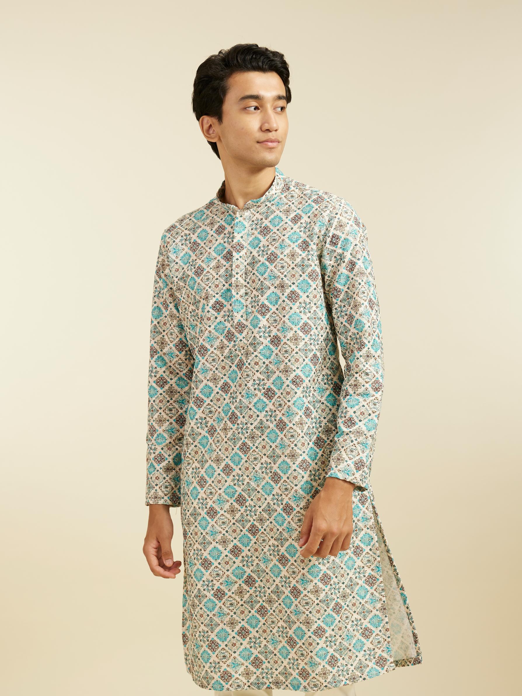 Diwas Men Aqua Green Chikankari Inspired Printed Kurta
