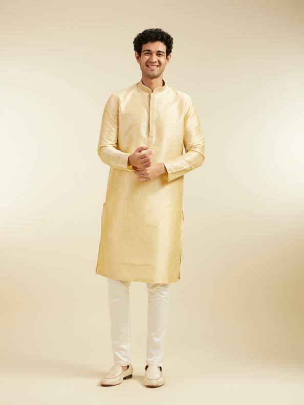 Diwas Men Light Fawn Self Textured Kurta with Embroidered Neckline