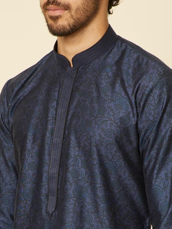 Twamev Men Indigo Blue Bel Buti Patterned Kurta Set