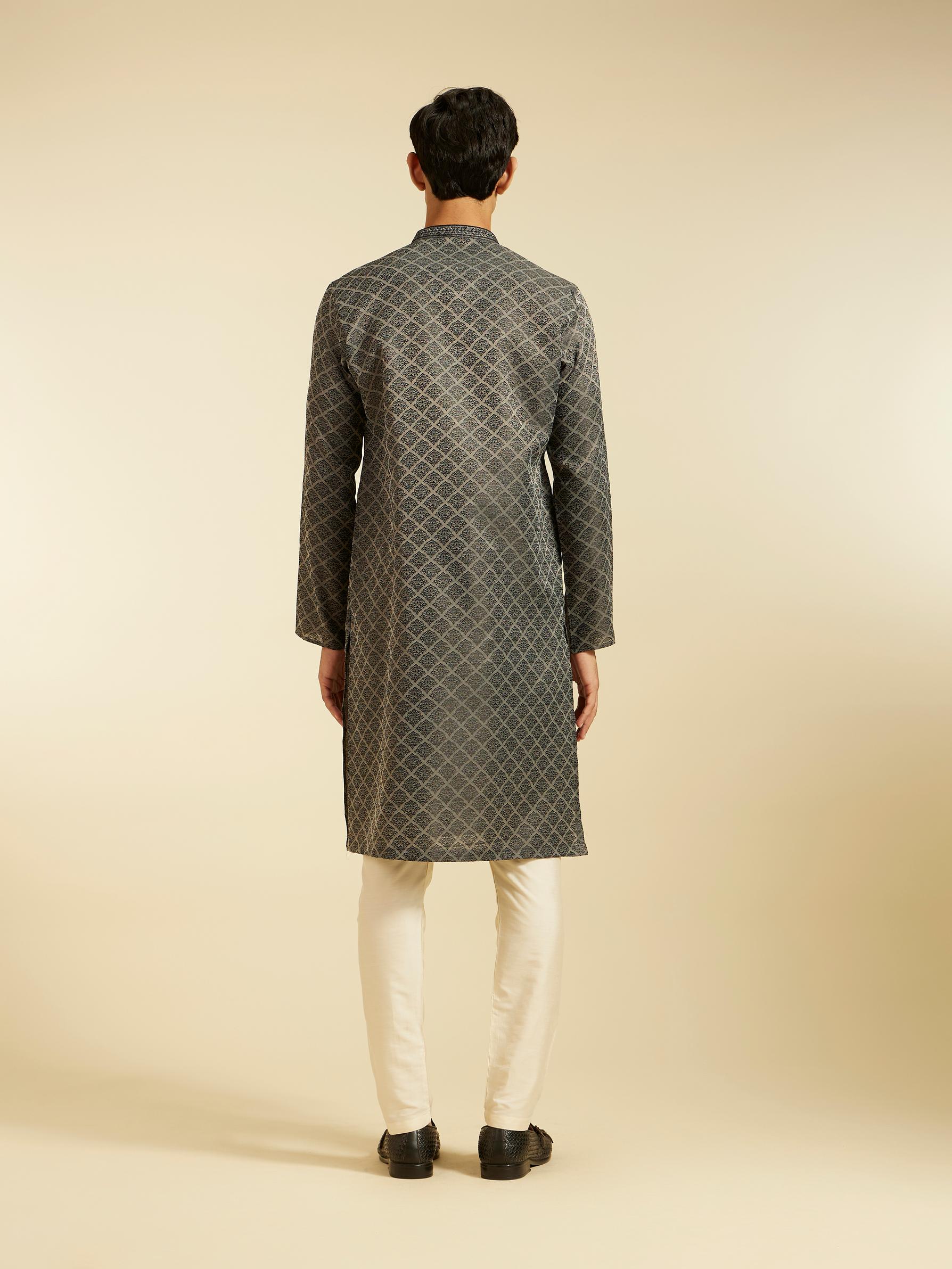 Diwas Men Davy Grey Jaal Patterned Kurta