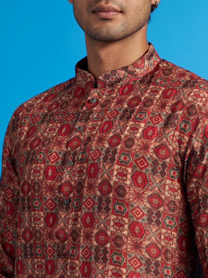 Diwas Men Rust Red Aztec Printed Kurta