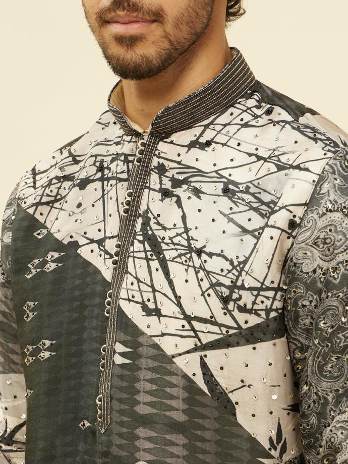 Twamev Men Stand Out Grey Self Print Kurta Set