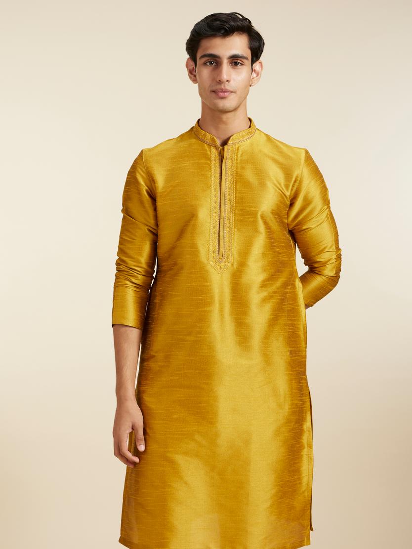 Diwas Men Mustard Yellow Self Textured Kurta with Embroidered Neckline