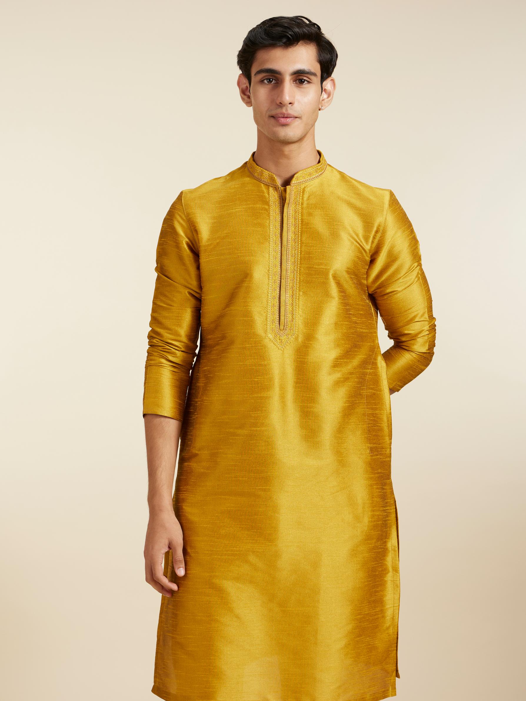 Diwas Men Mustard Yellow Self Textured Kurta with Embroidered Neckline