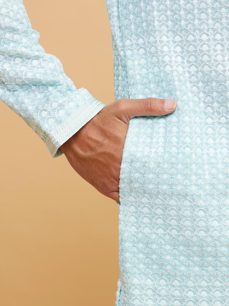 Twamev Men Aqua Green Georgette Kurta Pajama