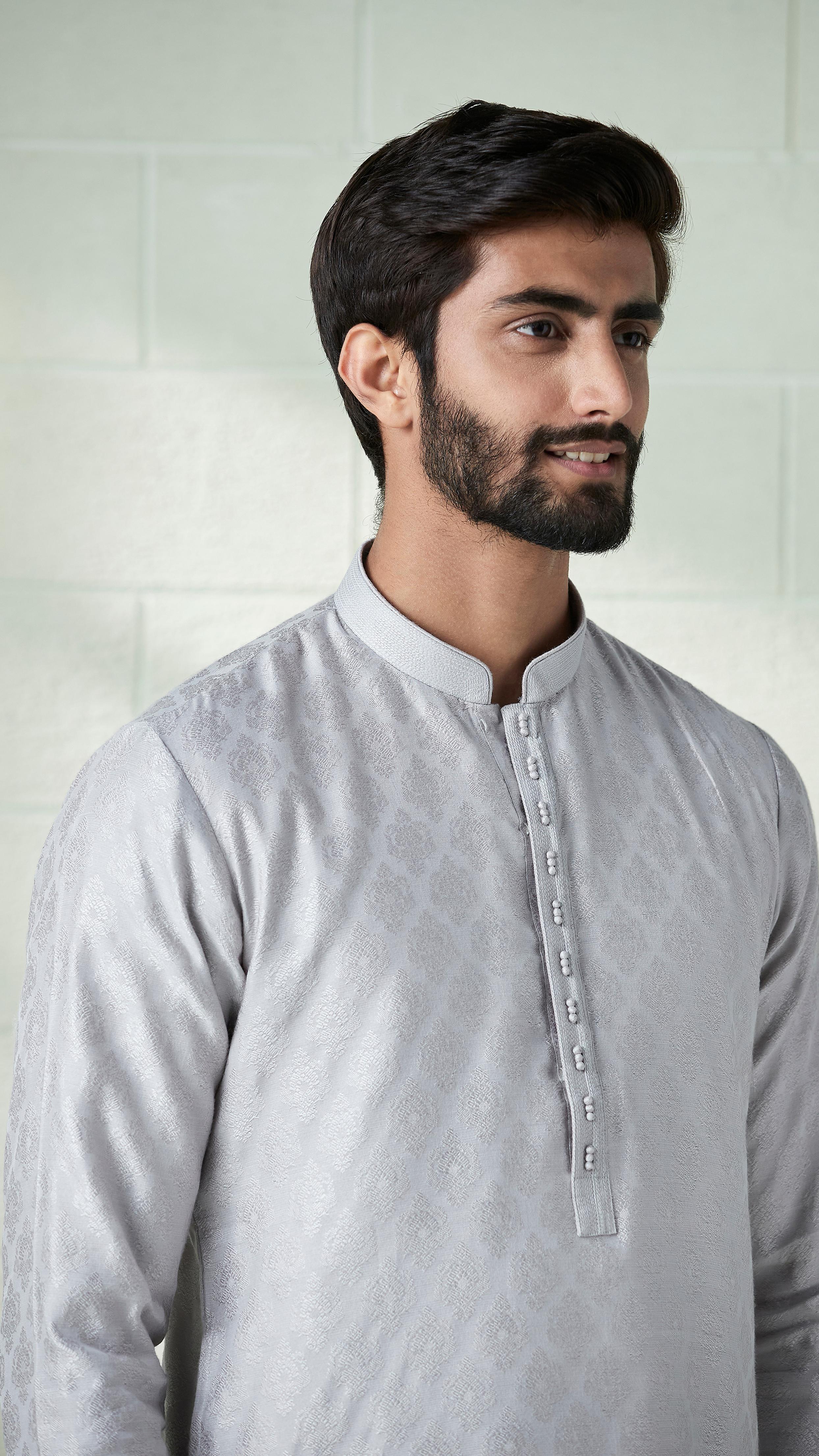 Twamev Men Cloud Silver Grey Self Pattern Kurta Set