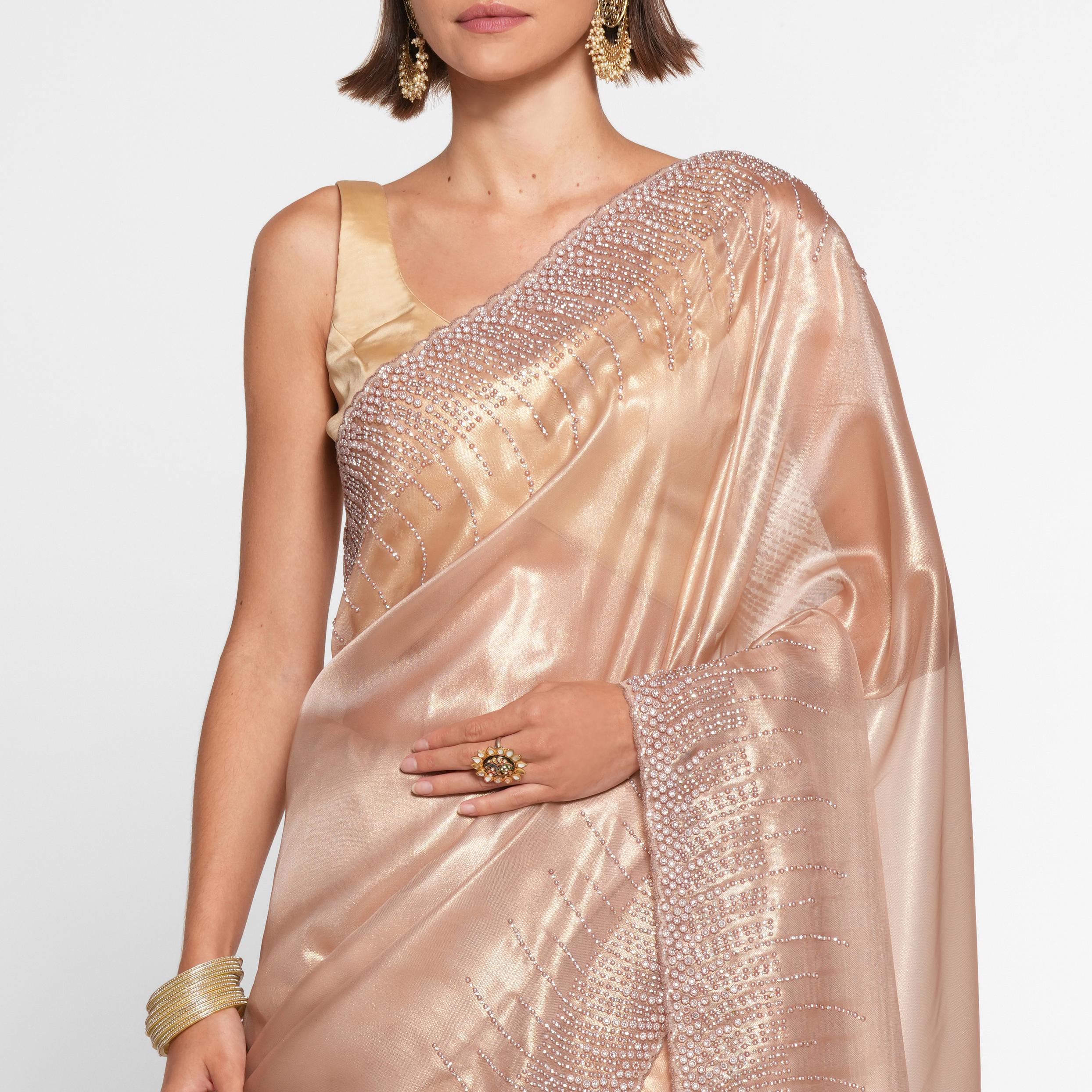 Twamev Women Elegant Fawn Organza Saree