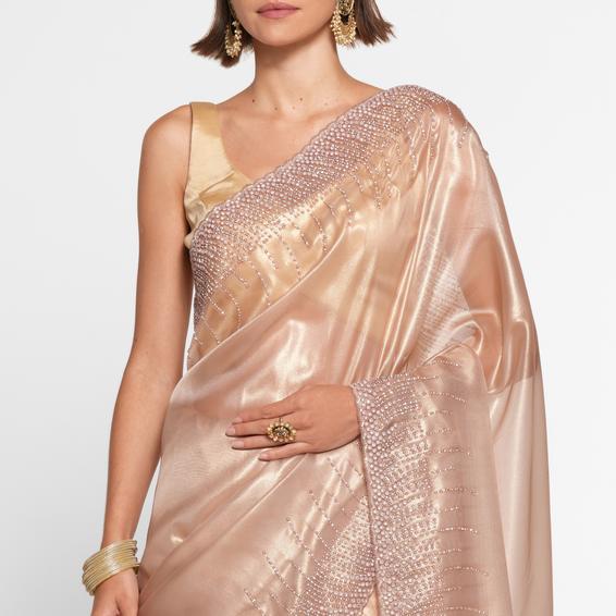 Twamev Women Elegant Fawn Organza Saree