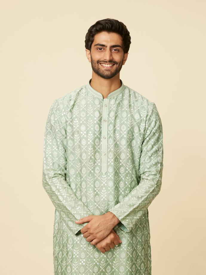 Twamev Men Light Green Floral and Leaf Jaal Patterned Kurta Set