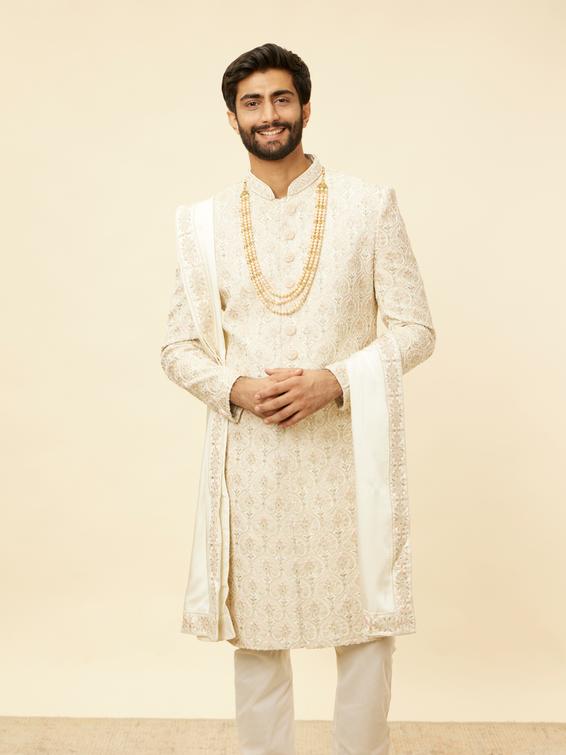 Twamev Men Warm White Sherwani with Embroidery & Zari Details