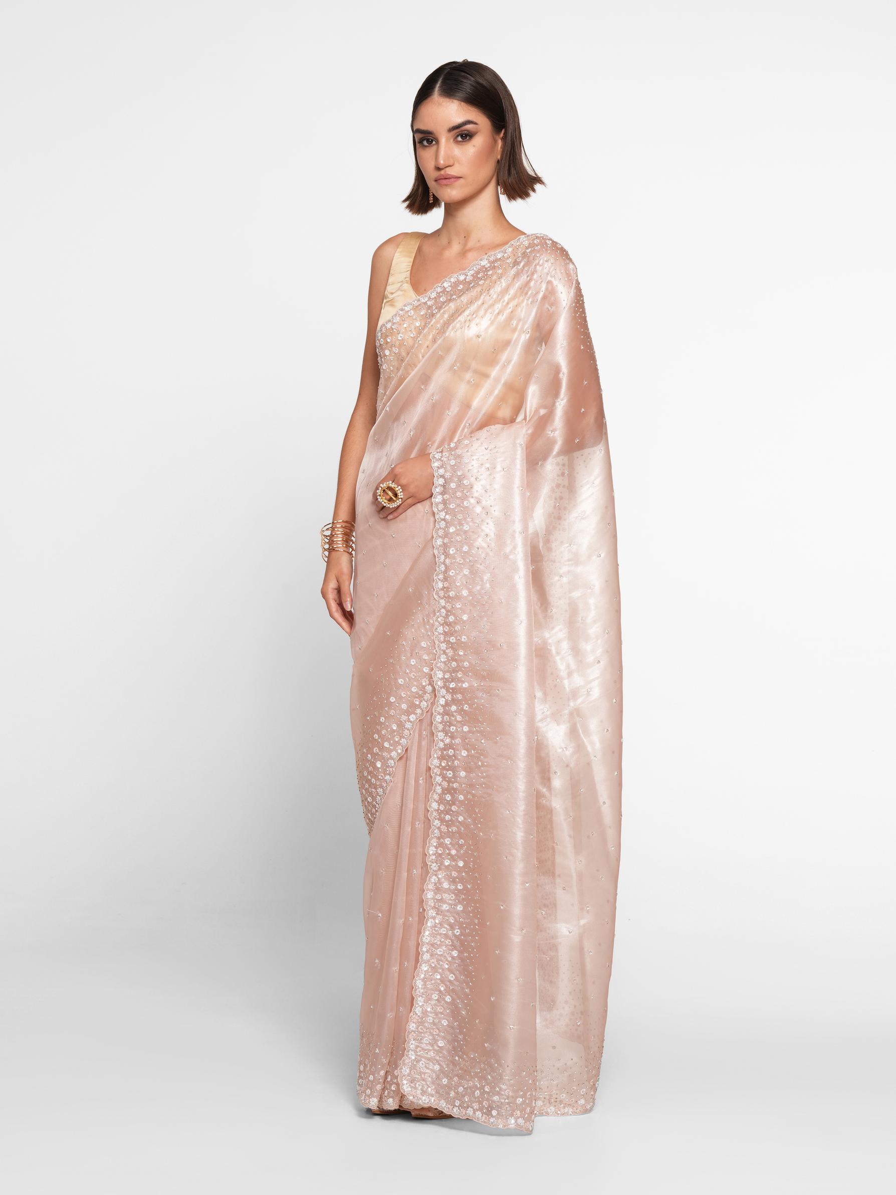 Twamev Women Twinkling Pink Hand Embroidery Saree