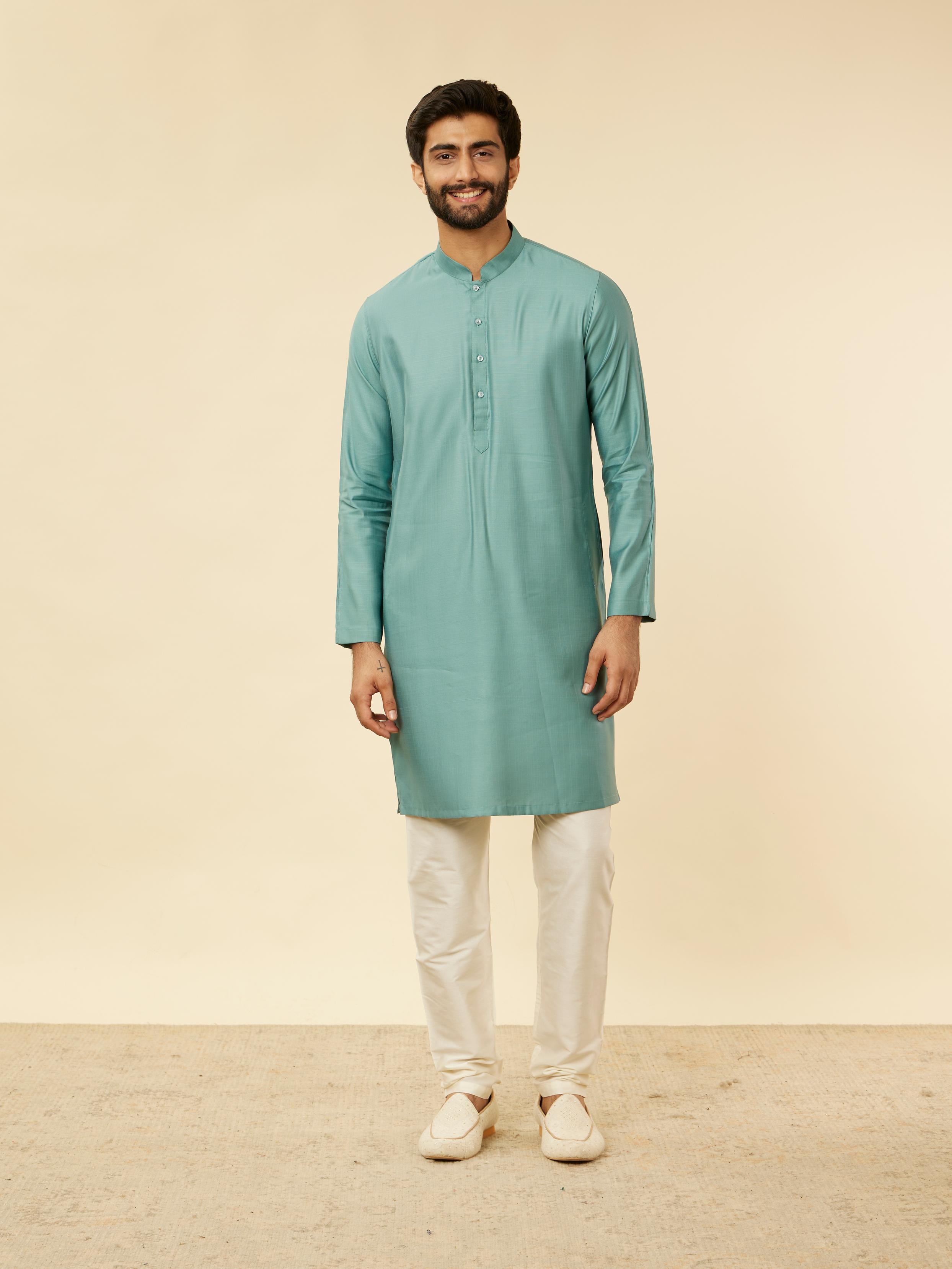 Twamev Men Mid Blue Floral Blue Patterned Kurta Jacket Set