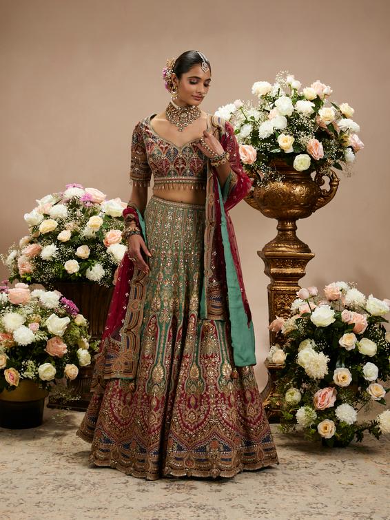 Twamev Women Rama Green And Maroon Jhallar Patterned Lehenga with Buta Motifs, Zari And Gota Patti Work