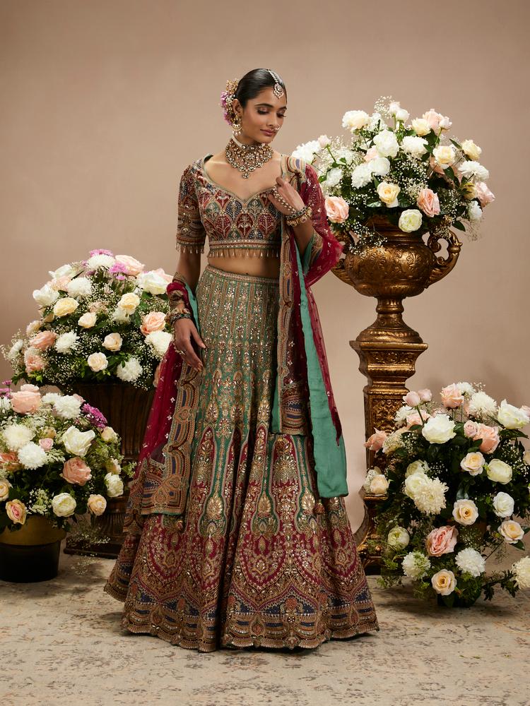 Twamev Women Rama Green And Maroon Jhallar Patterned Lehenga with Buta Motifs, Zari And Gota Patti Work