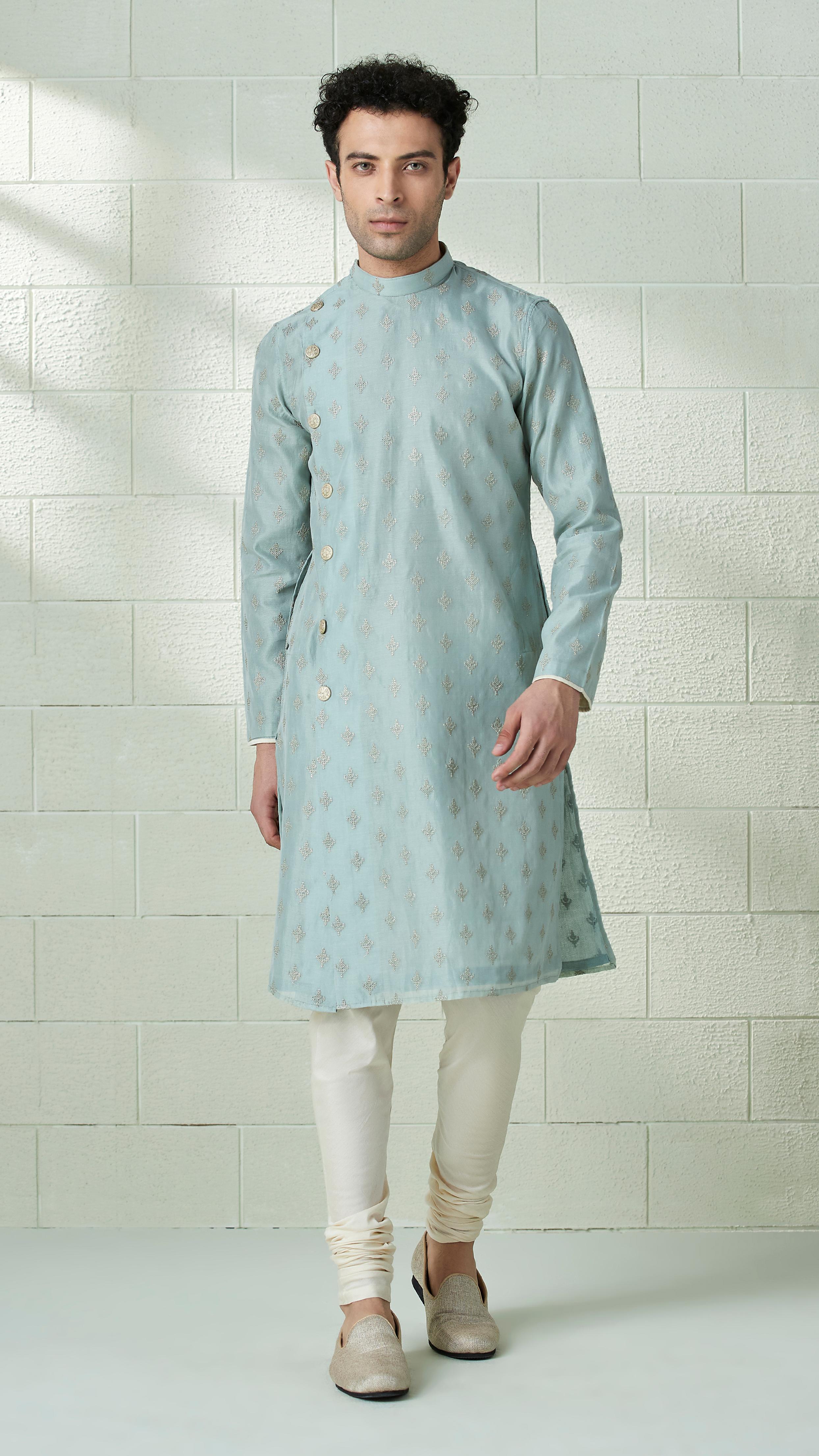Twamev Men Light Teal Angrakha Style Kurta Set