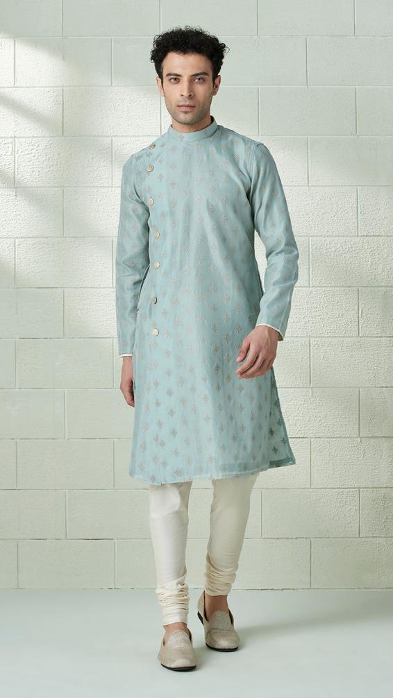 Twamev Men Light Teal Angrakha Style Kurta Set