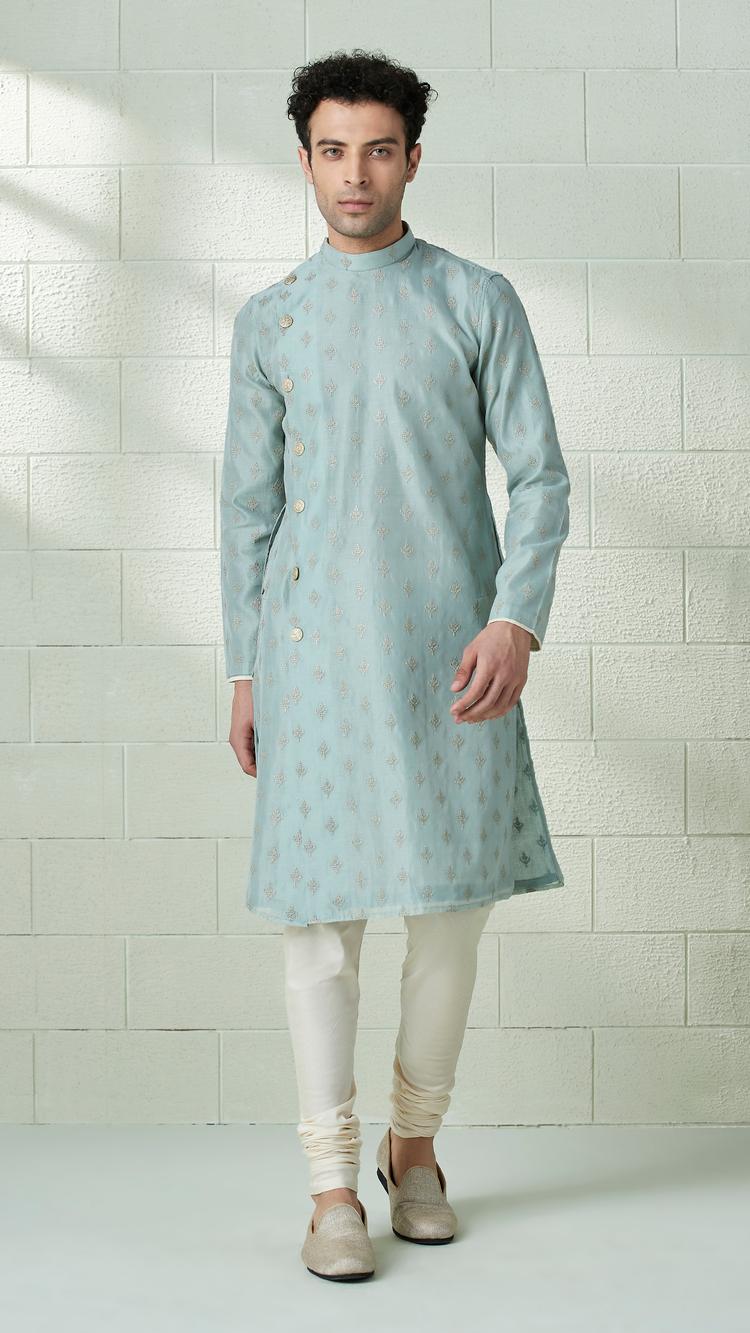 Twamev Men Light Teal Angrakha Style Kurta Set