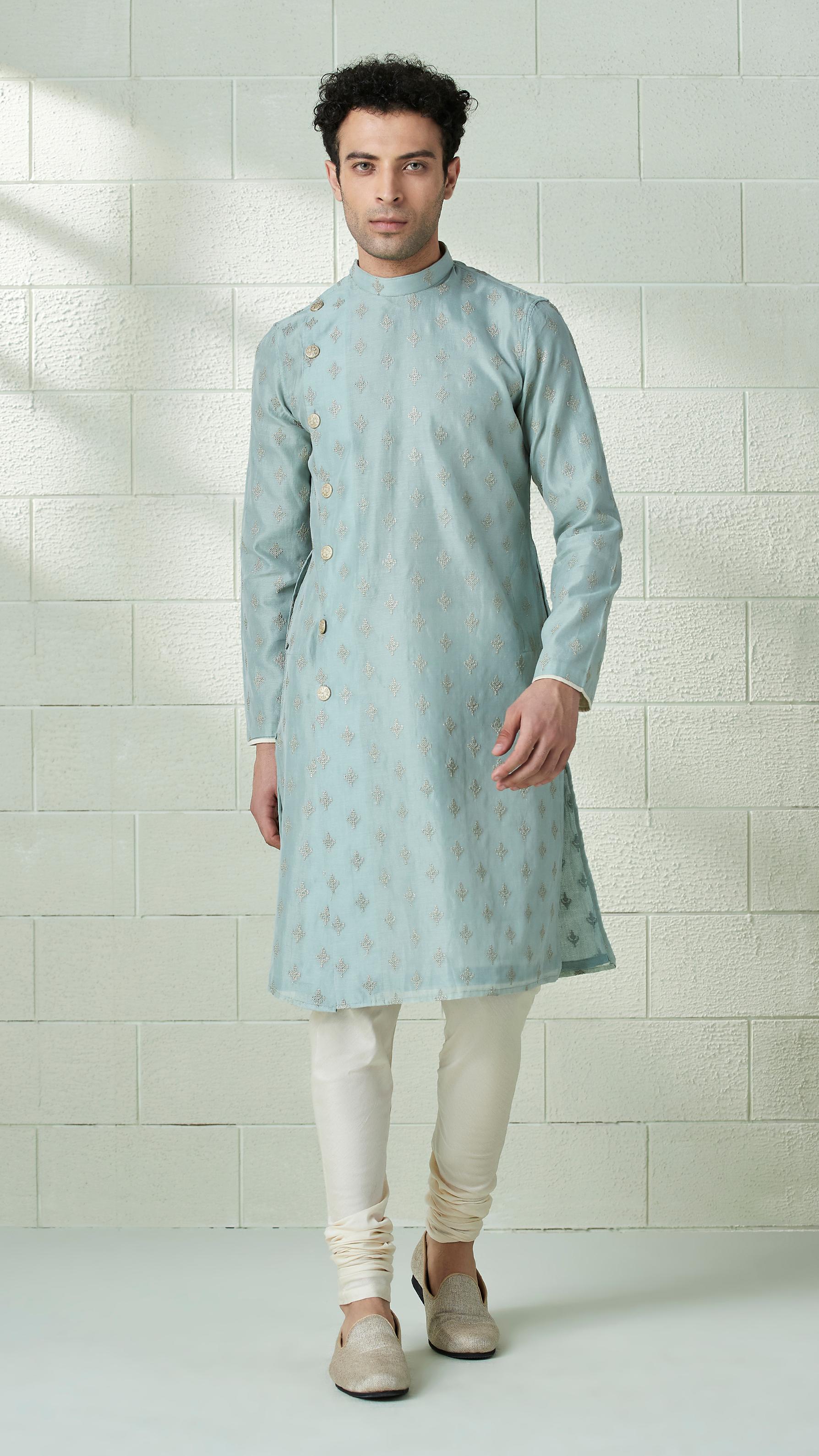 Twamev Men Light Teal Angrakha Style Kurta Set