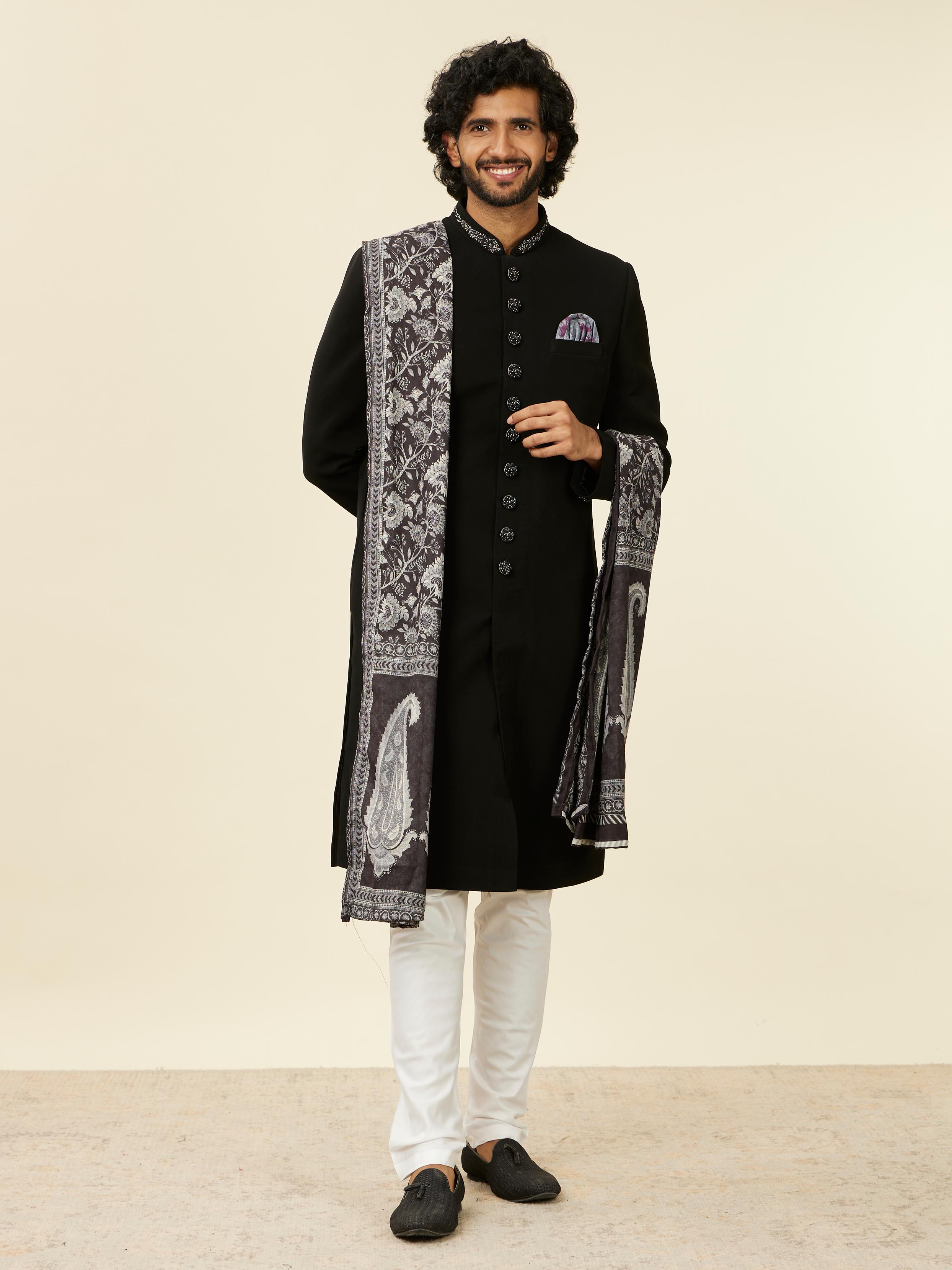 Twamev Men Classic Black Achkan Style Indo Western Set with Dupatta