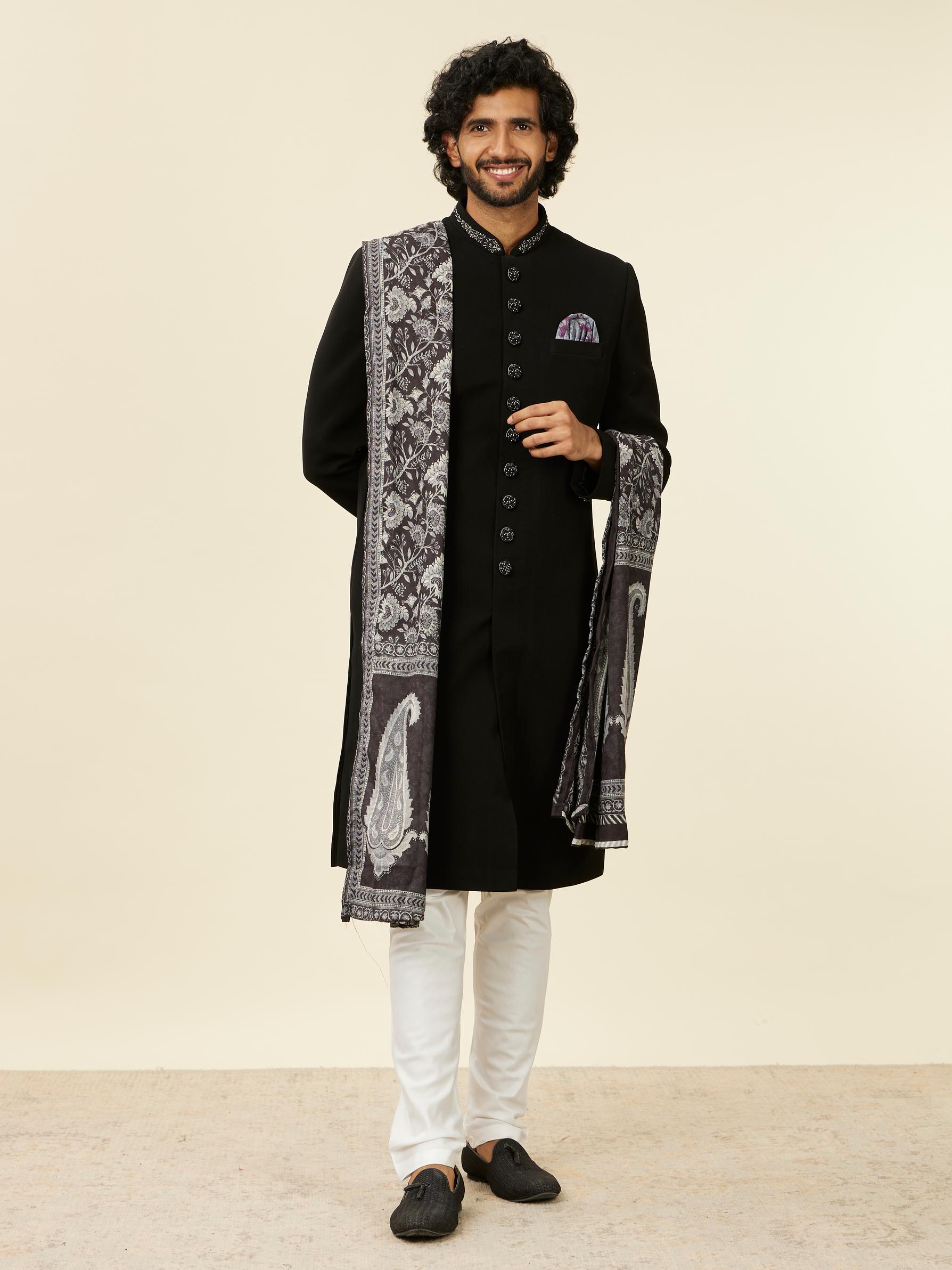 Twamev Men Classic Black Achkan Style Indo Western Set with Dupatta