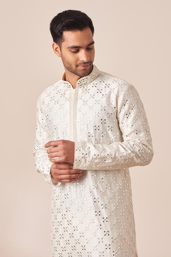 Twamev Men White Mirror Work Kurta Pajama