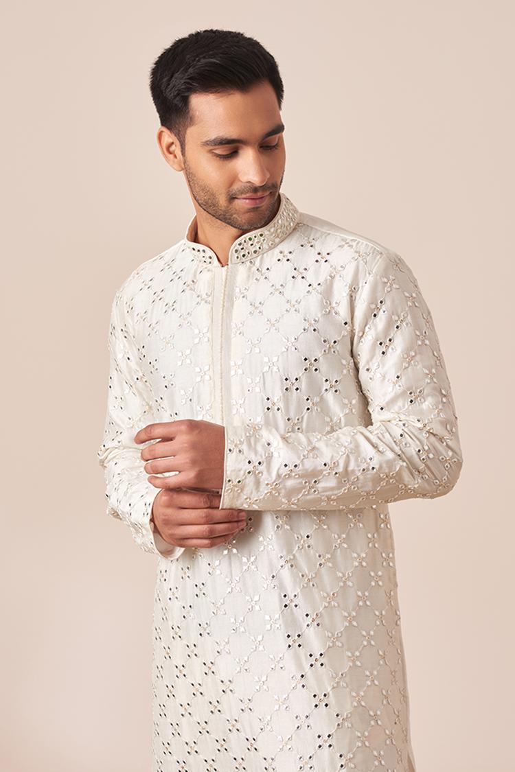 Twamev Men White Mirror Work Kurta Pajama