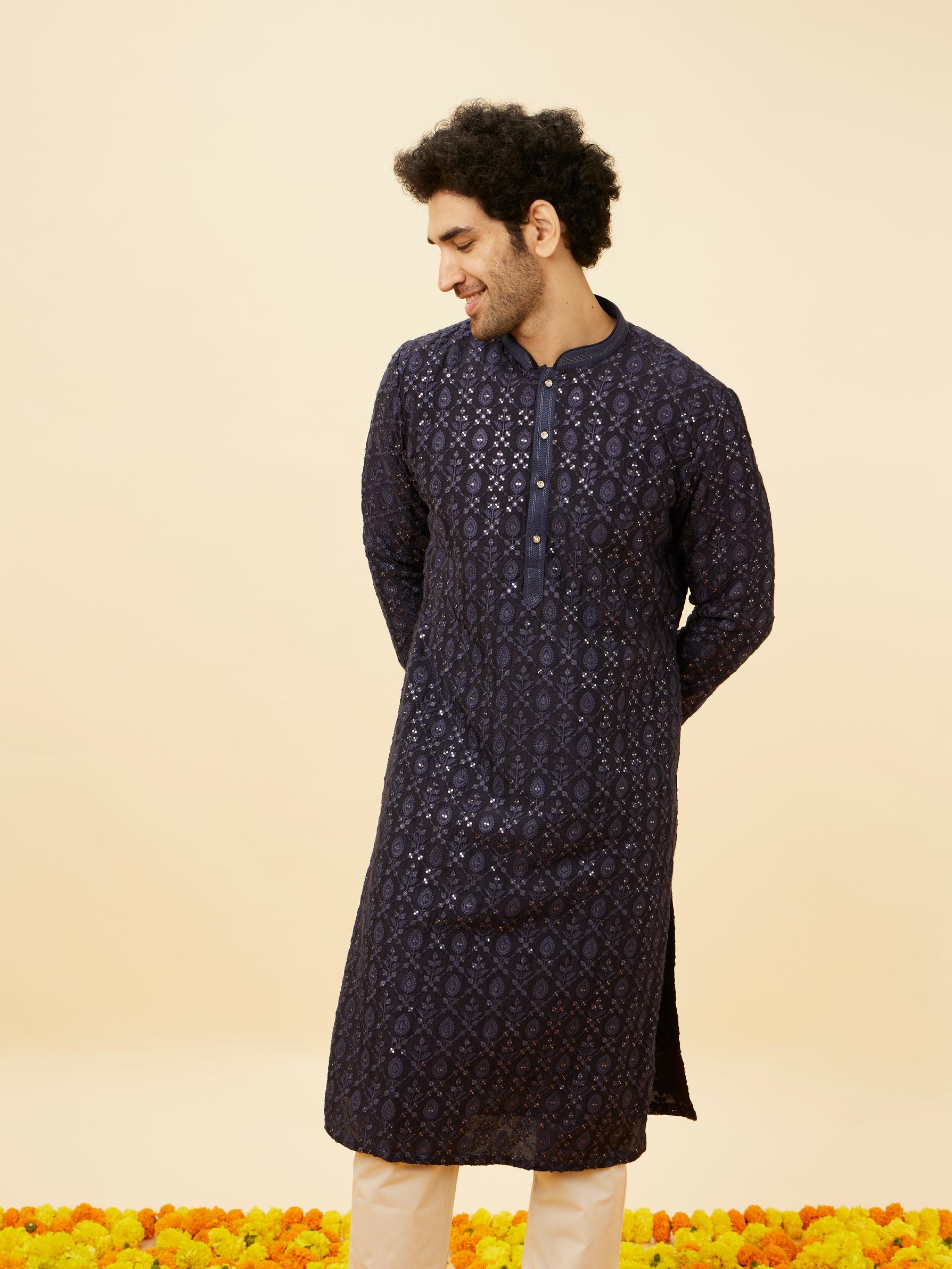 Twamev Men Navy Blue Sequined Shankh Motif Kurta Set