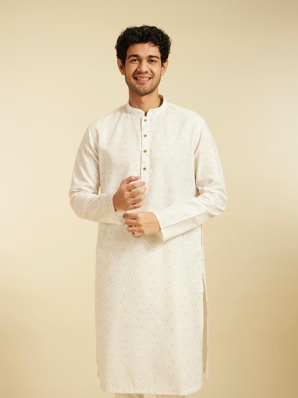 Diwas Men Warm White Lattice Printed Kurta