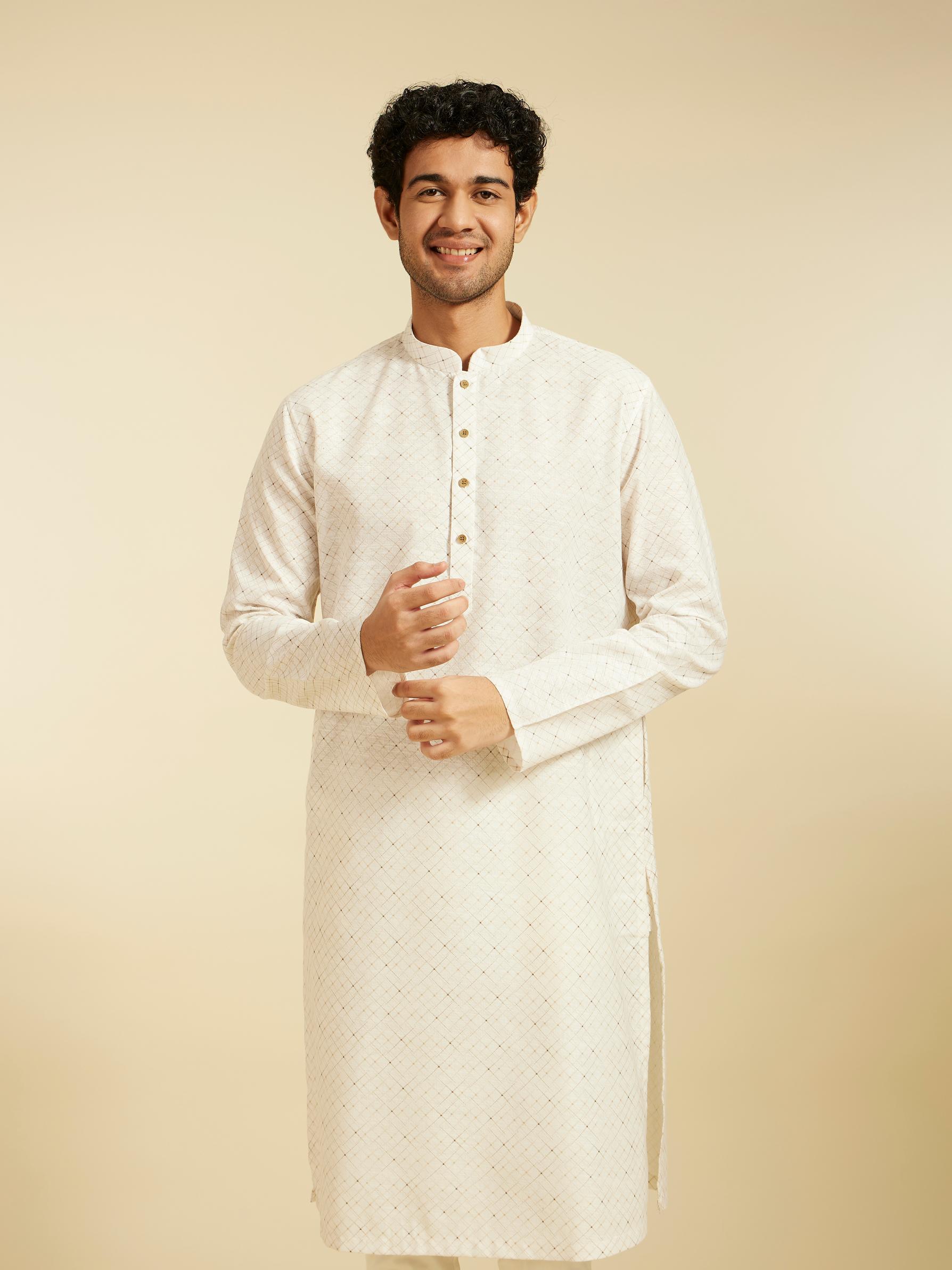 Diwas Men Warm White Lattice Printed Kurta