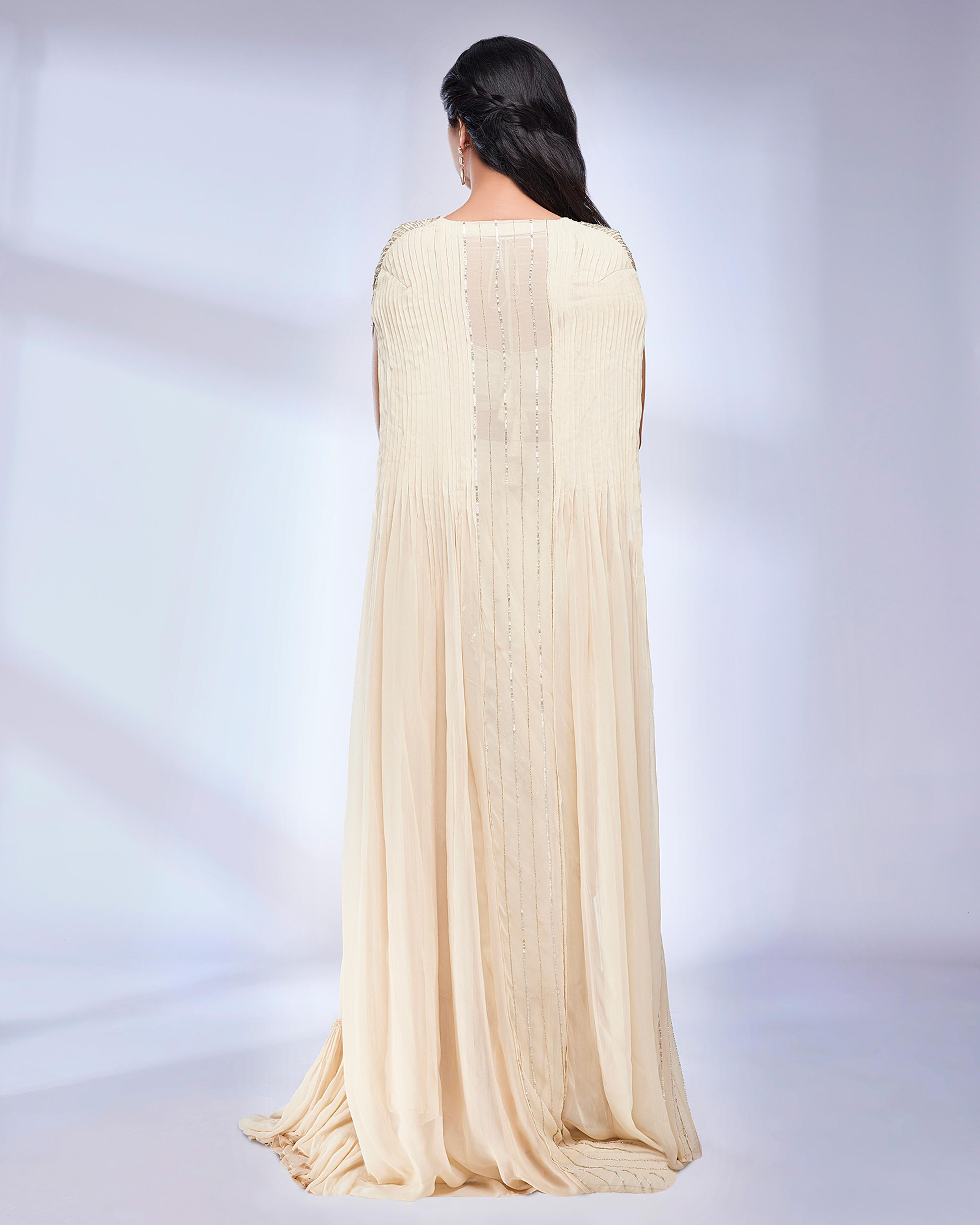Twamev Women Dark Cream Scallop Bordered Draped Saree with Cape